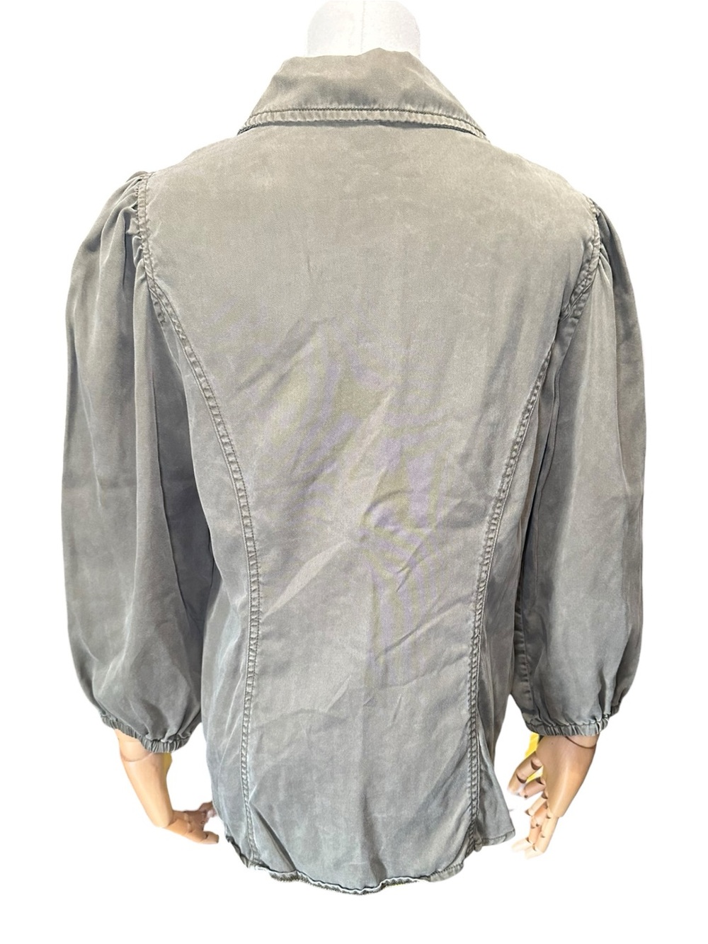 White House Black Market Olive Green Snap Front Puff Sleeve Shirt - Picture 8 of 9